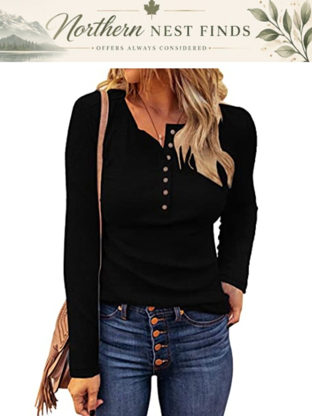 Waffle Knit Button Down V Neck Tunic Long Sleeve Top
